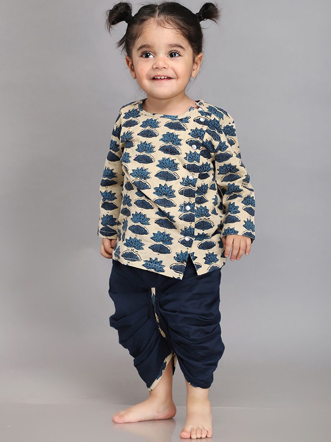 

Biglilpeople Boys Floral Printed Angrakha Pure Cotton Straight Kurta With Dhoti Pants, Blue