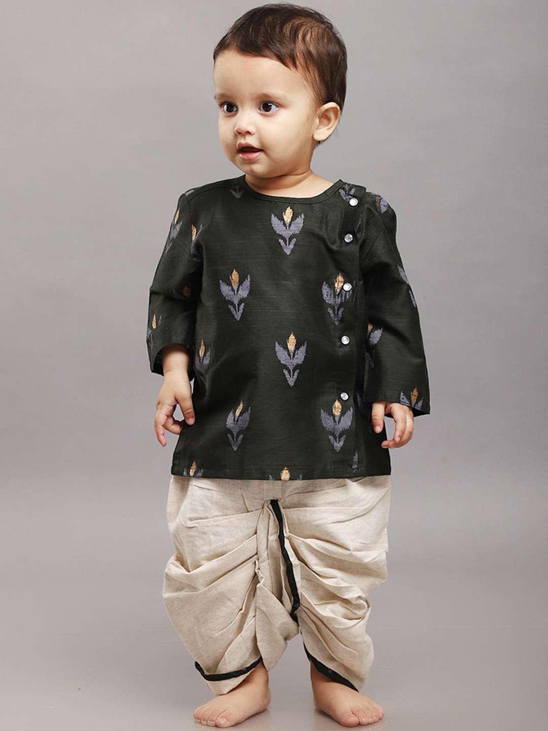 

Biglilpeople Boys Floral Printed Regular Cotton Silk Kurta & Dhoti Pants, Green