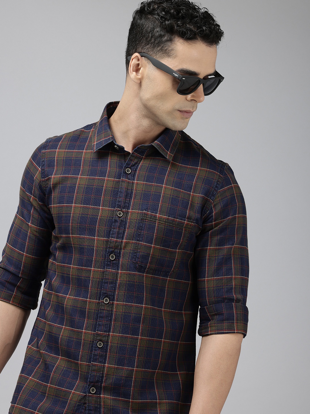 

SPYKAR Tartan Checked Opaque Pure Cotton Casual Shirt, Navy blue