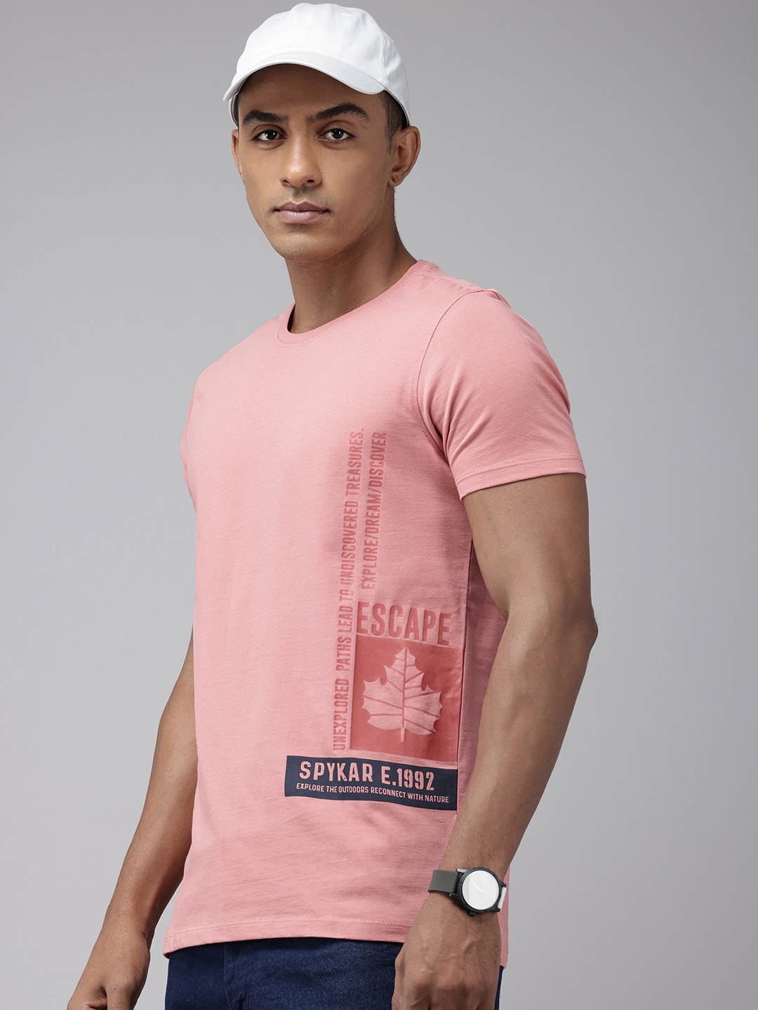 

SPYKAR Pure Cotton Typography Printed Slim Fit T-shirt, Rose