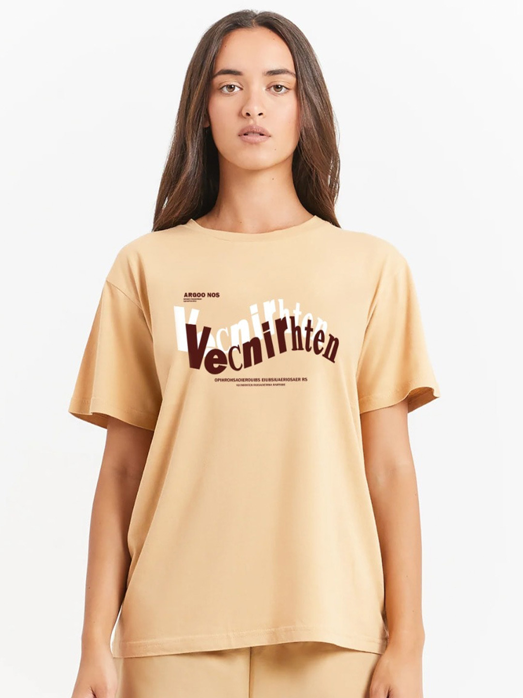 

MISCHIEF MONKEY Typography Printed Drop-Shoulder Sleeves Oversized Cotton T-shirt, Beige