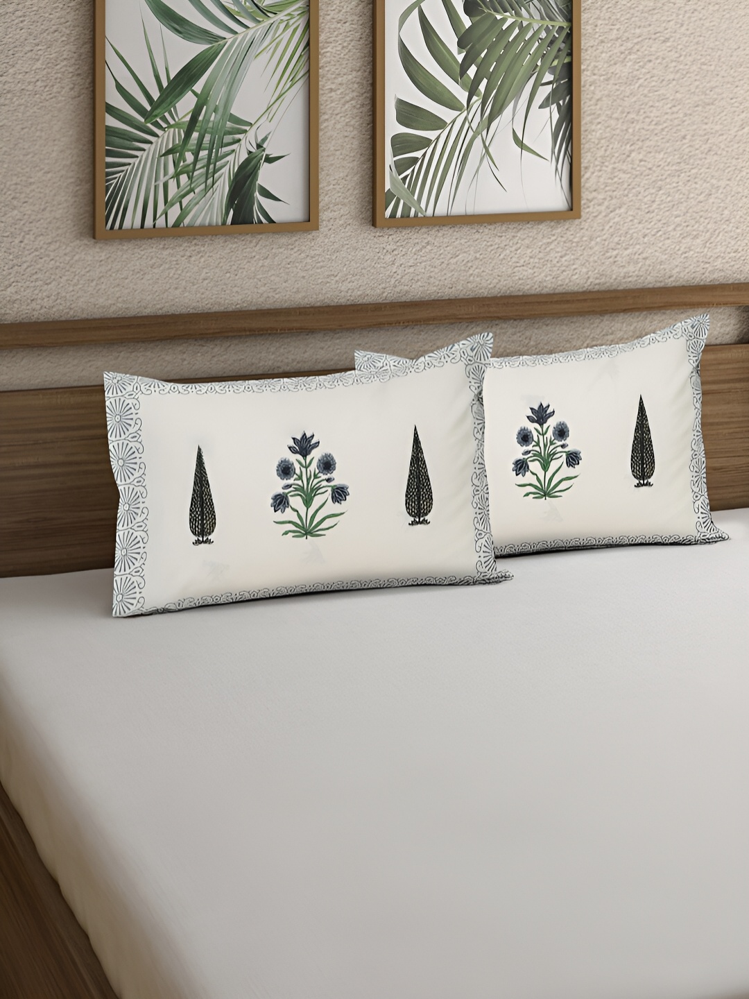 Rajasthan Decor Black & White 2 Pieces Self Design Pure Cotton Rectangle Pillow Covers