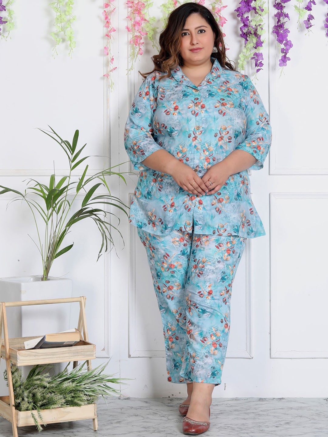 

Swasti Plus Size Printed Pure Cotton Shirt With Trousers Co-Ords, Blue