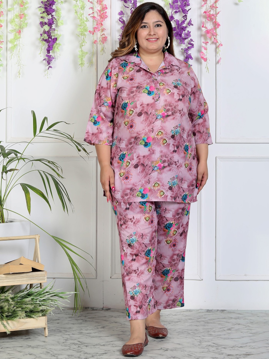 

Swasti Plus Size Floral Printed Pure Cotton Shirt With Trouser, Pink