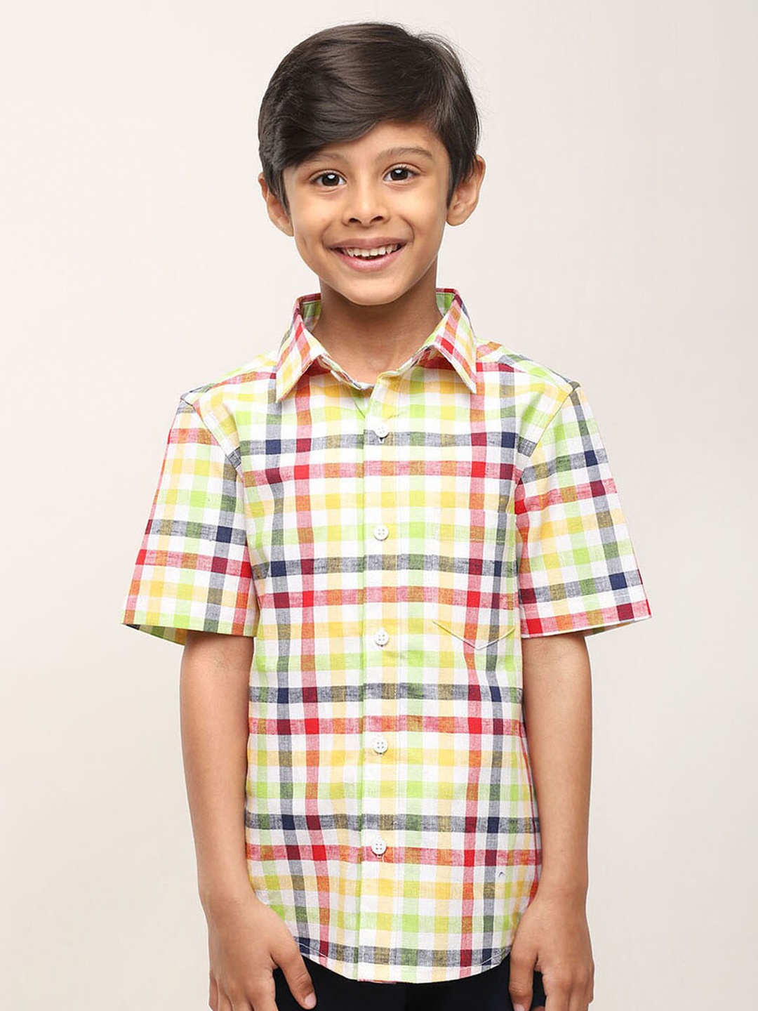 

Biglilpeople Boys Checked Spread Shirt Pure Cotton Shirt with Shorts, Yellow
