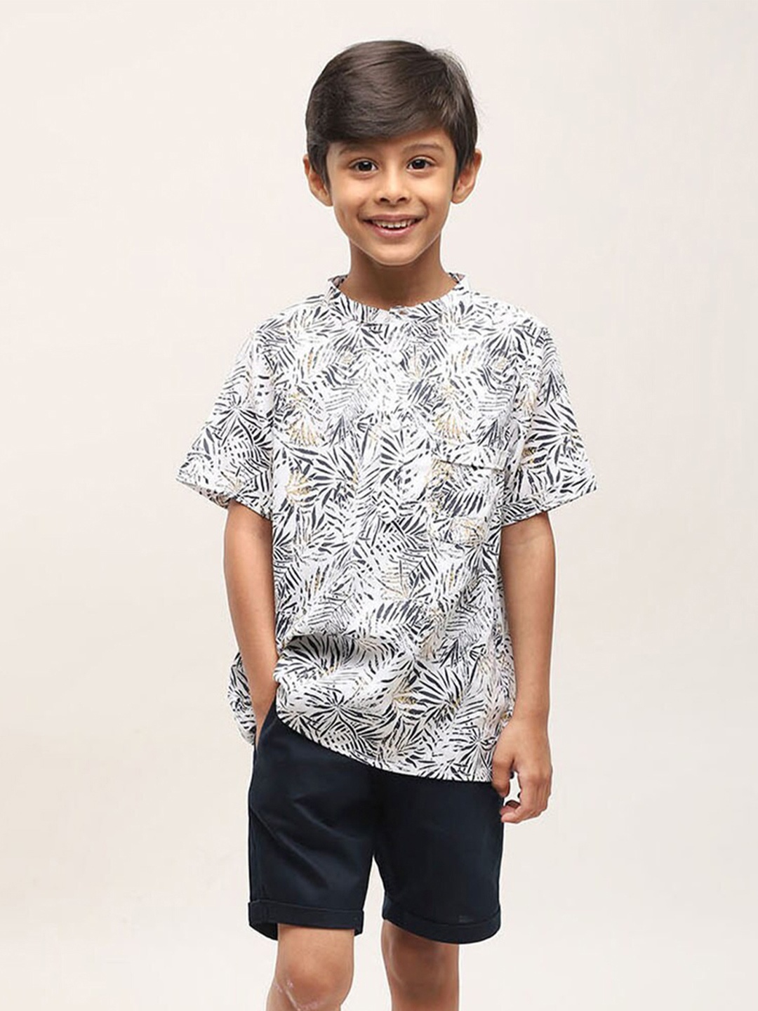 

Biglilpeople Boys Printed Mandarin Collar Pure Cotton Shirt with Shorts, White