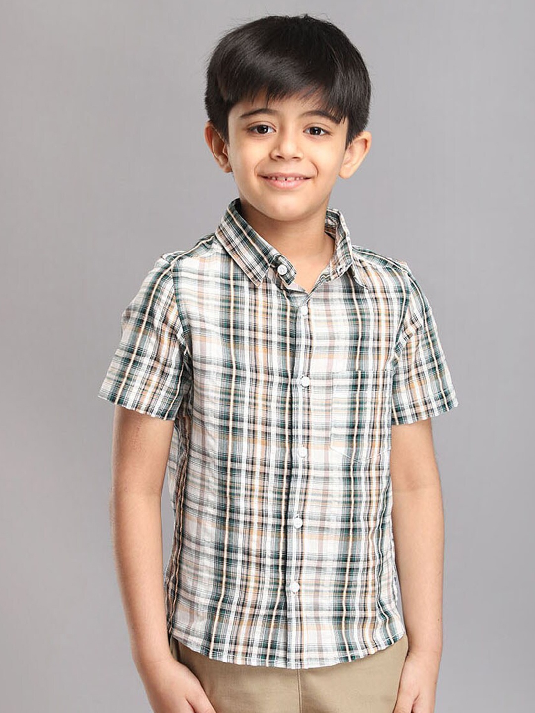 

Biglilpeople Boys Checked Shirt Collar Pure Cotton Shirt with Shorts, Green