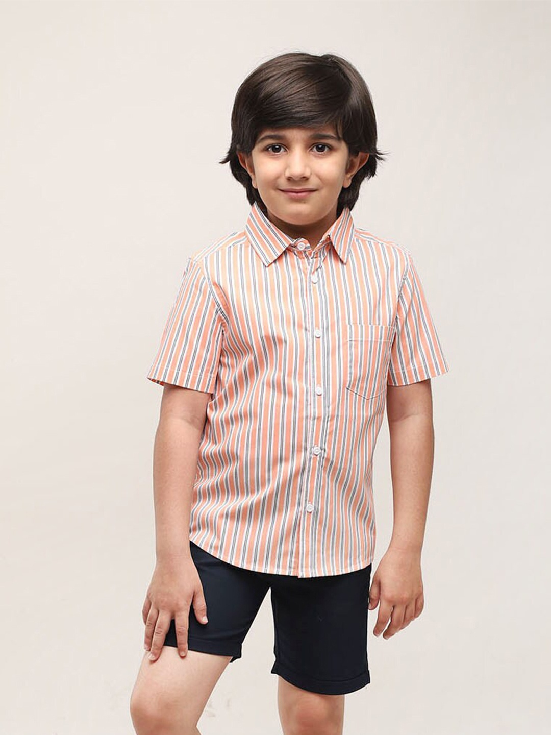 

Biglilpeople Boys Striped Pure Cotton Shirt With Shorts, Orange