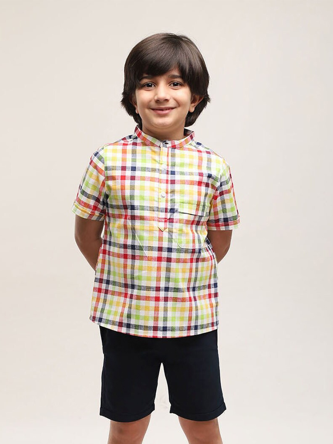 

Biglilpeople Boys Checked Mandarin Collar Pure Cotton Shirt with Shorts, Yellow
