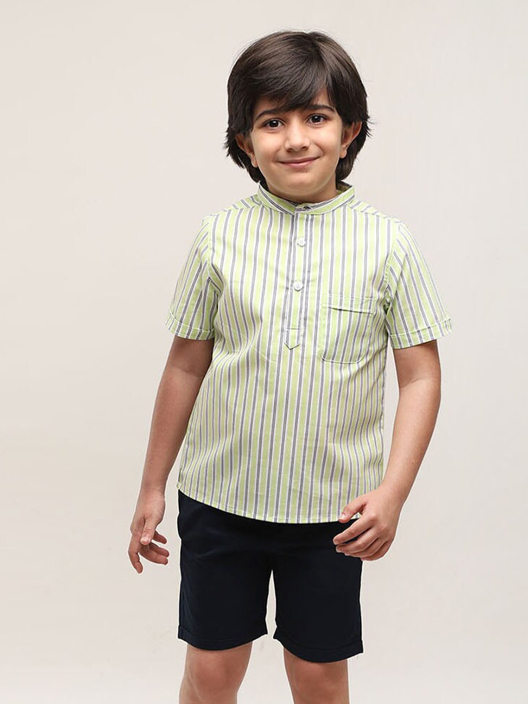 

Biglilpeople Boys Striped Mandarin Collar Pure Cotton Shirt with Shorts, Green