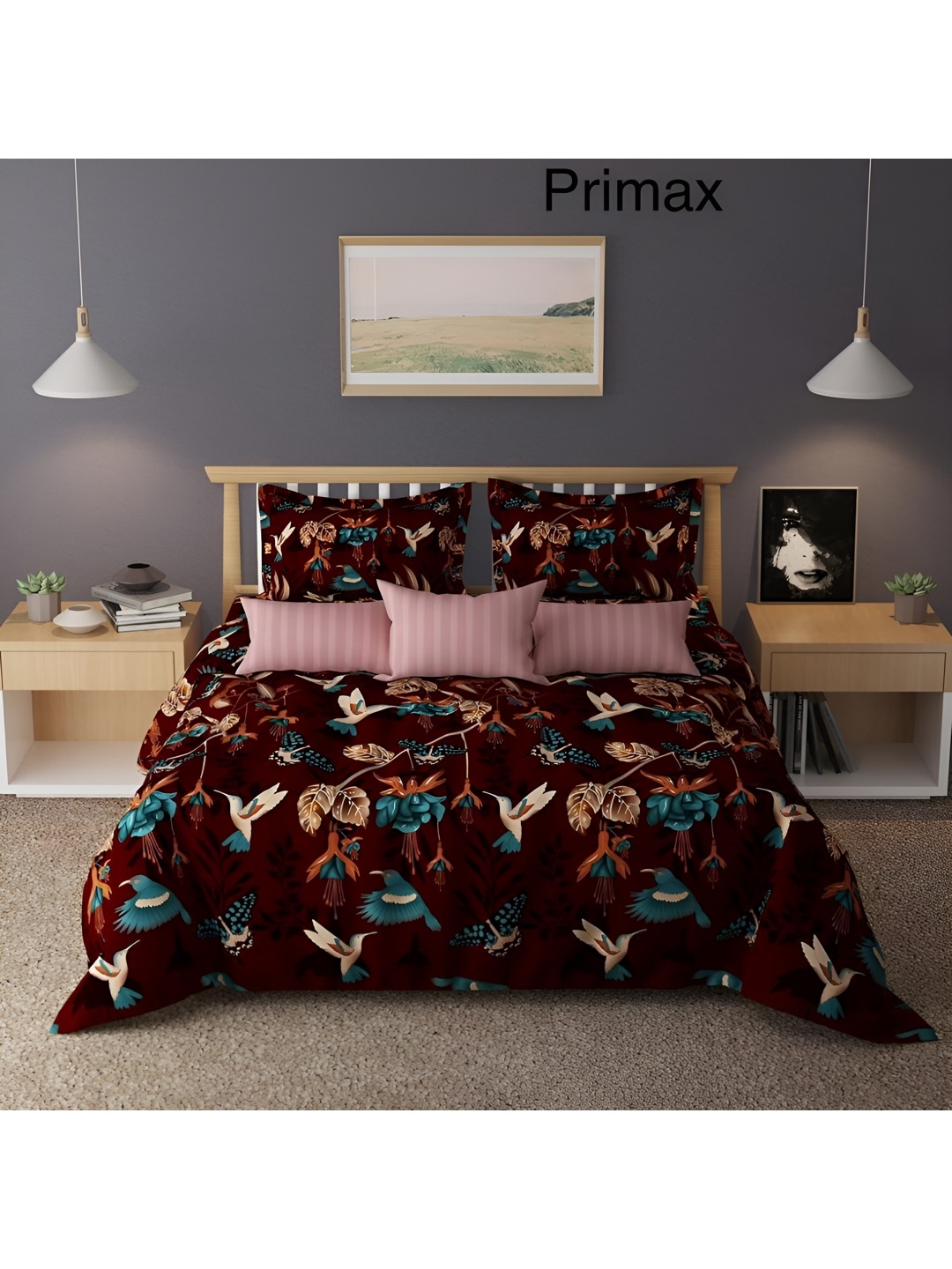 

Laying Style Maroon & Blue 4 Pieces Floral Printed Double King Bedding Set