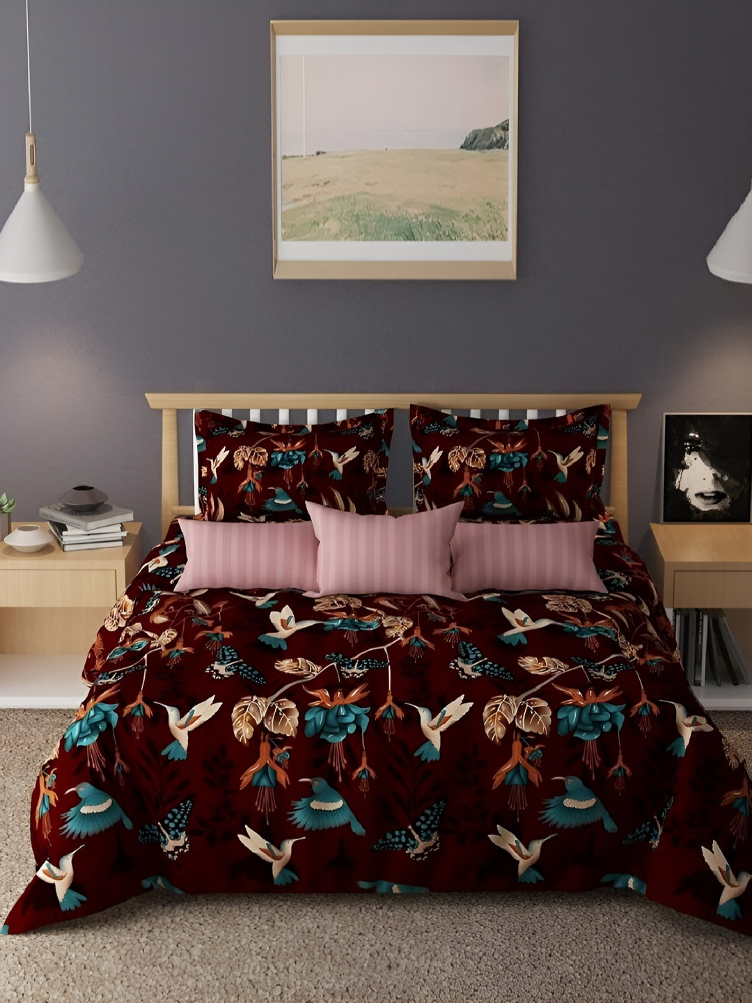 

Laying Style Maroon & Green 4 Pieces Floral Printed Double King Bedding Set