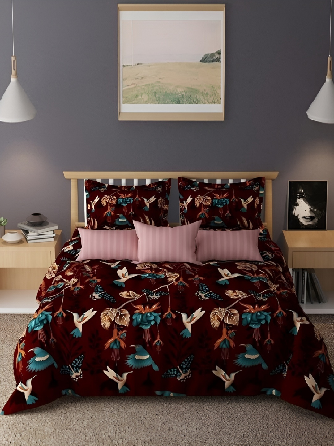 

Laying Style Maroon & Blue 4 Pieces Floral Printed Double King Bedding Set