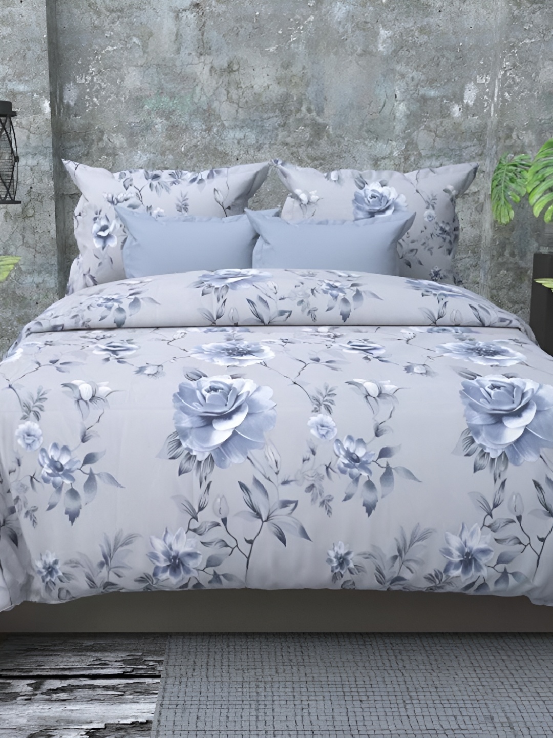 

Laying Style Grey & White 4 Pieces Floral Printed Double King Bedding Set