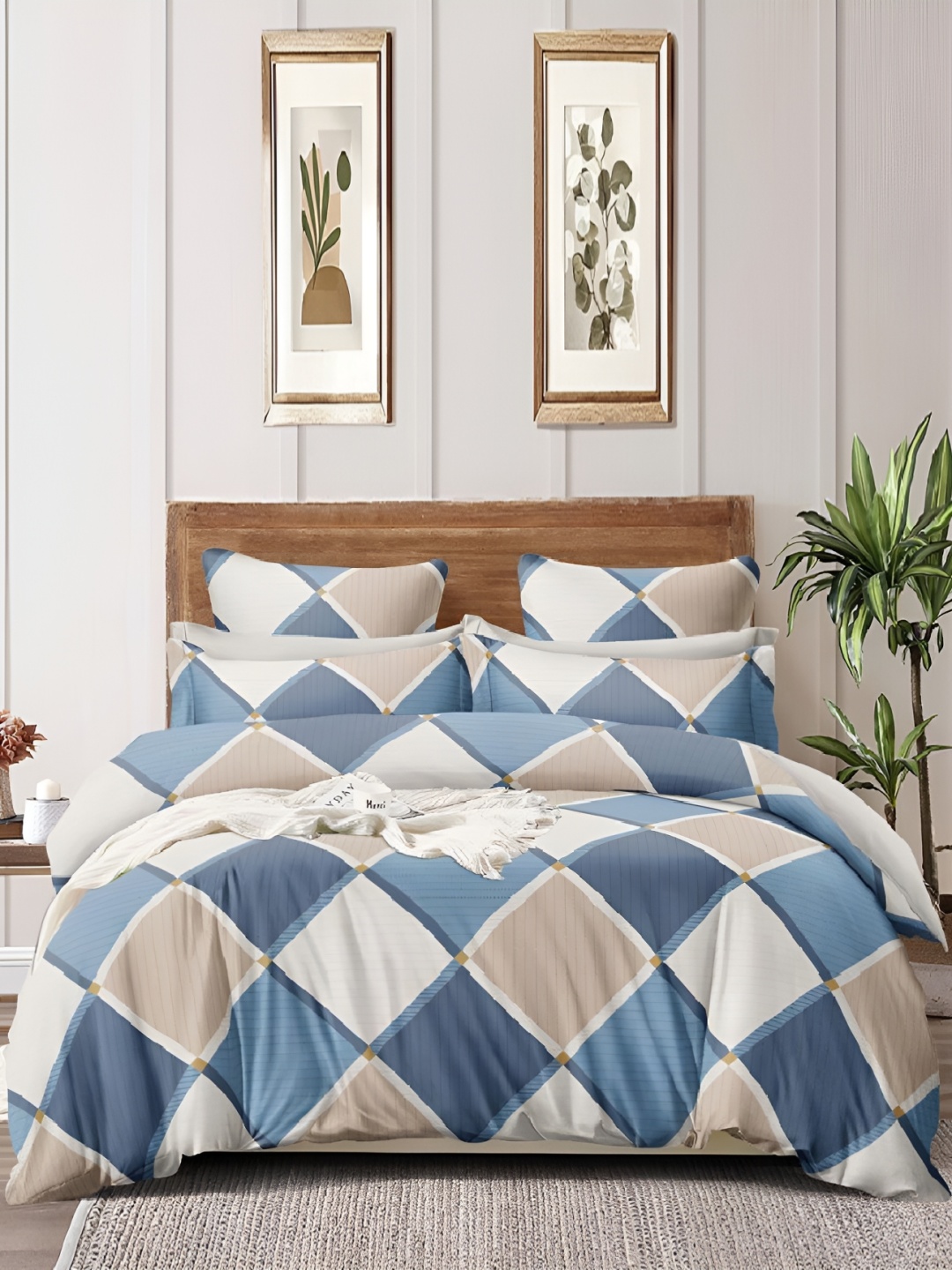 

Laying Style Beige & Blue Floral 4 Piece Double King Bedding Set