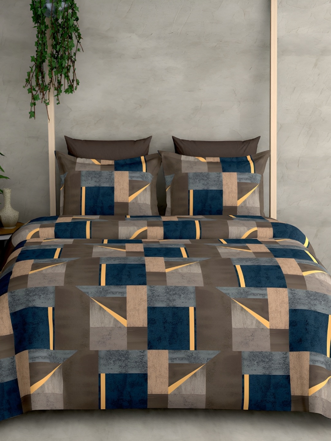 

Laying Style Beige & Blue 4 Pieces Geometric Printed Double King Bedding Set