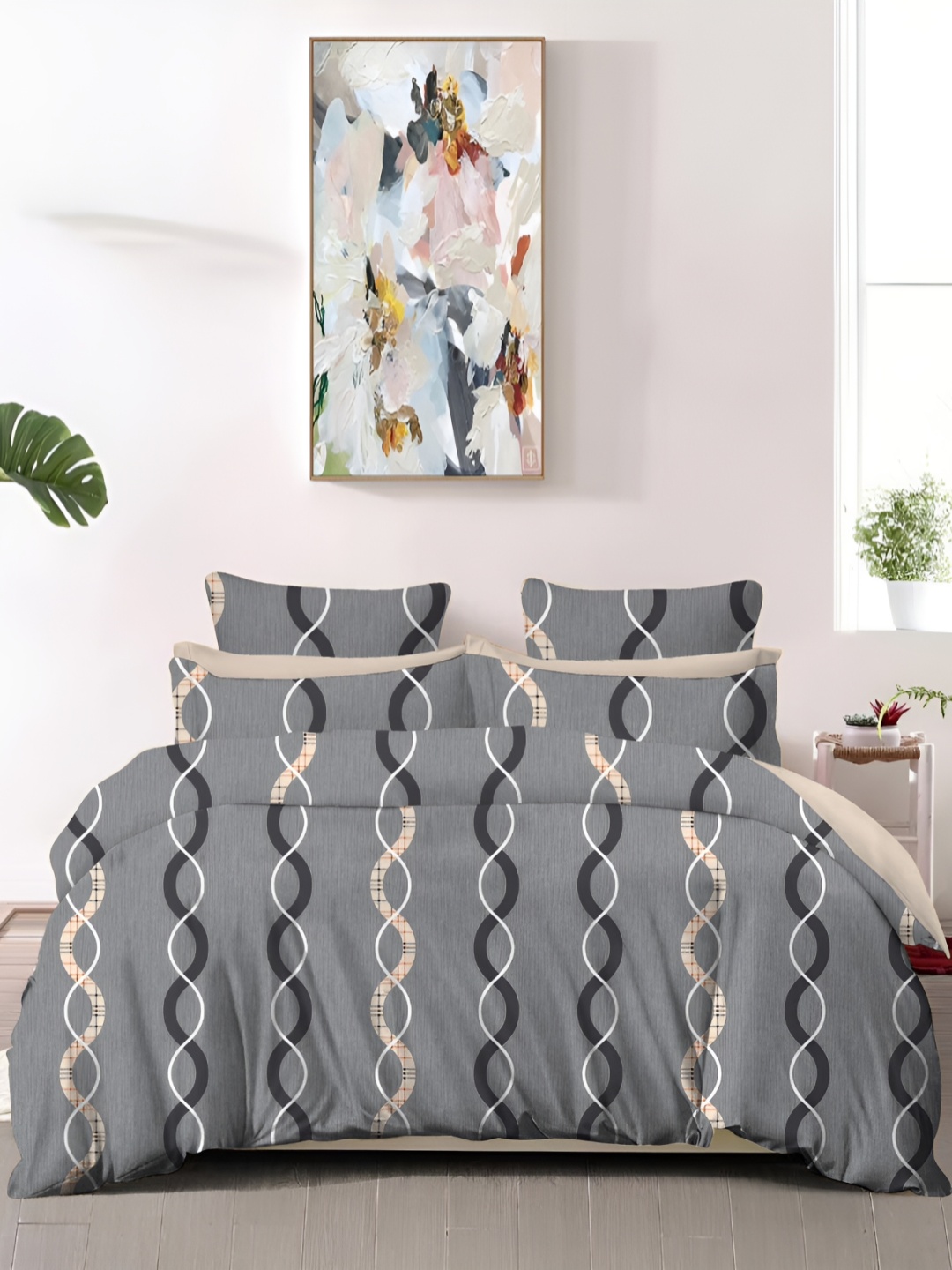 

Laying Style Grey & Beige 4 Pieces Geometric Printed Double King Bedding Set