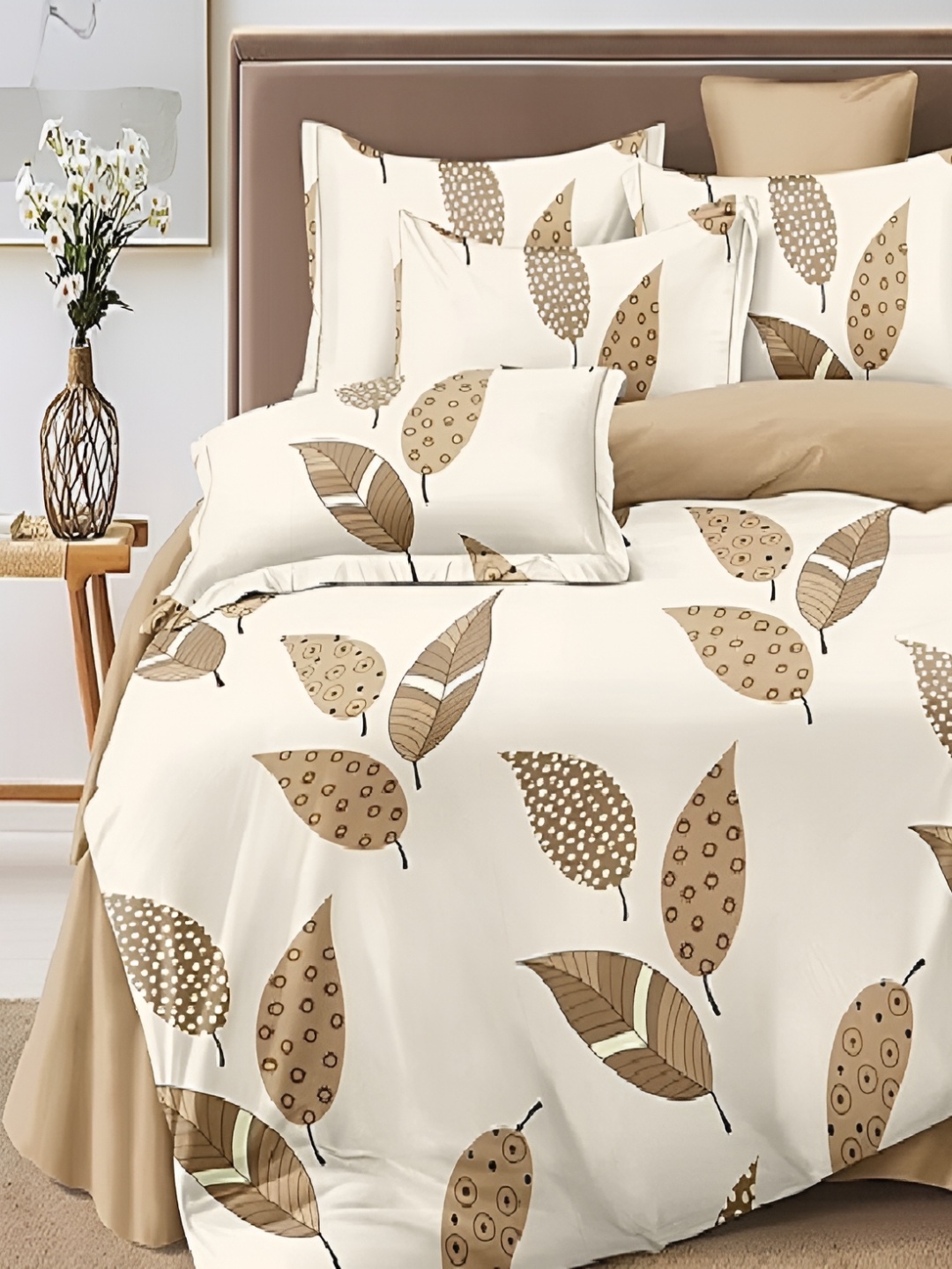 

Laying Style Beige 4 Pieces Floral Printed Double King Regular Bedding Set