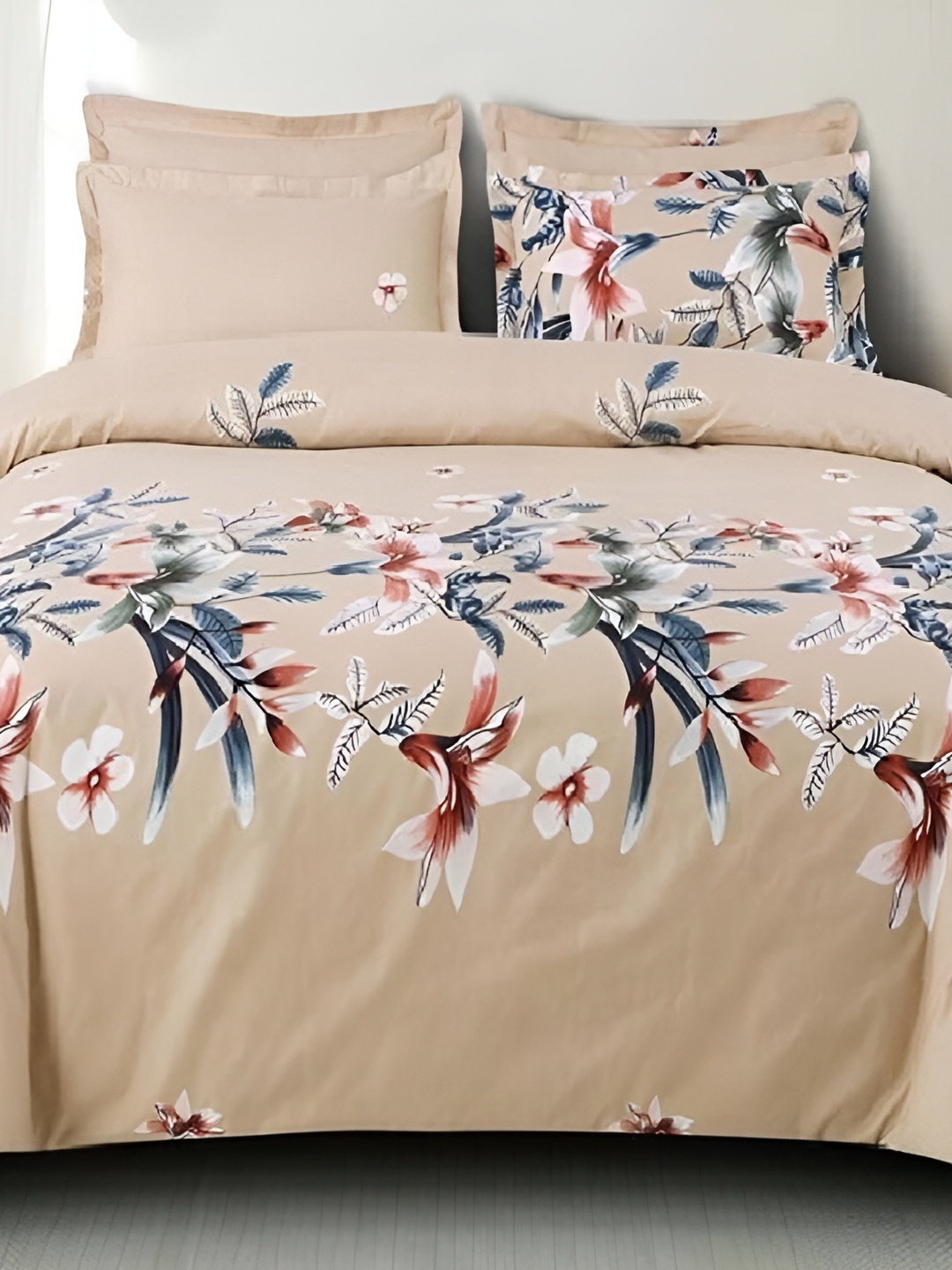 

Laying Style Beige & Blue 4 Pieces Floral Printed Double King Regular Bedding Set