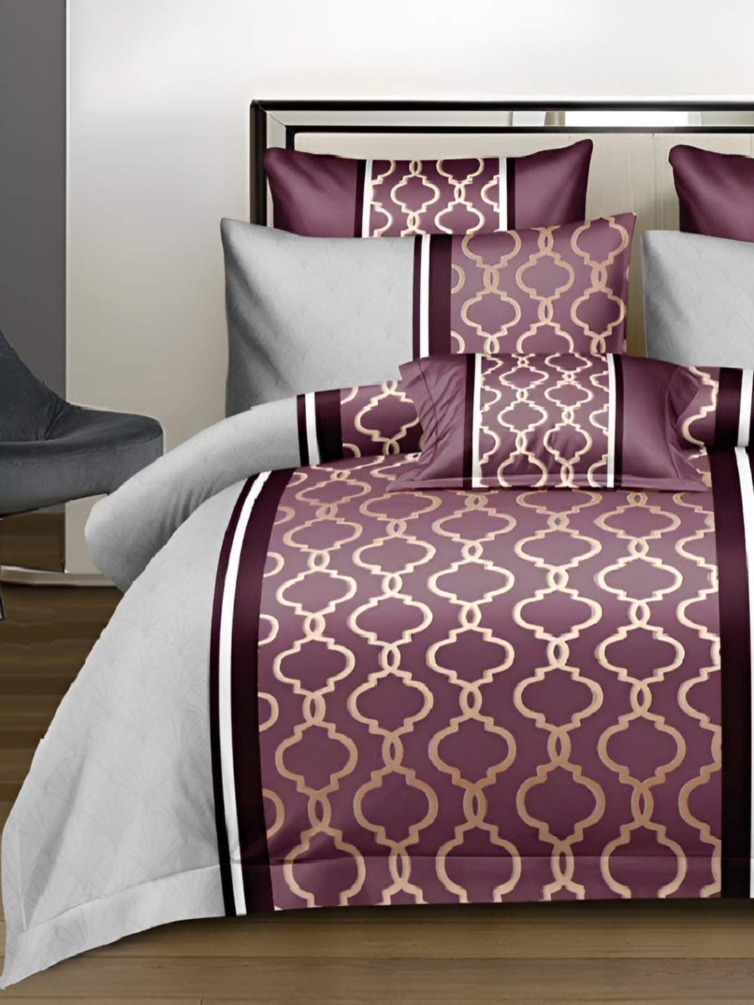 

Laying Style Purple & Grey 4 Pieces Geometric Printed Double King Regular Bedding Set