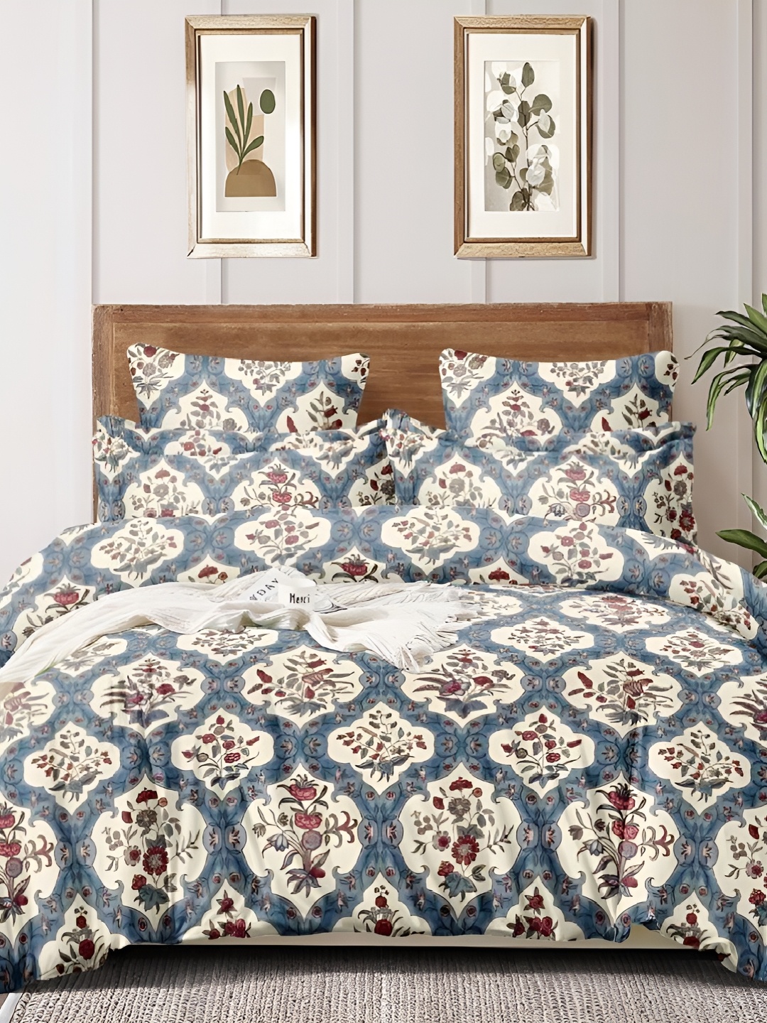 

Laying Style White & Blue 4 Pieces Floral Printed Double King Bedding Set