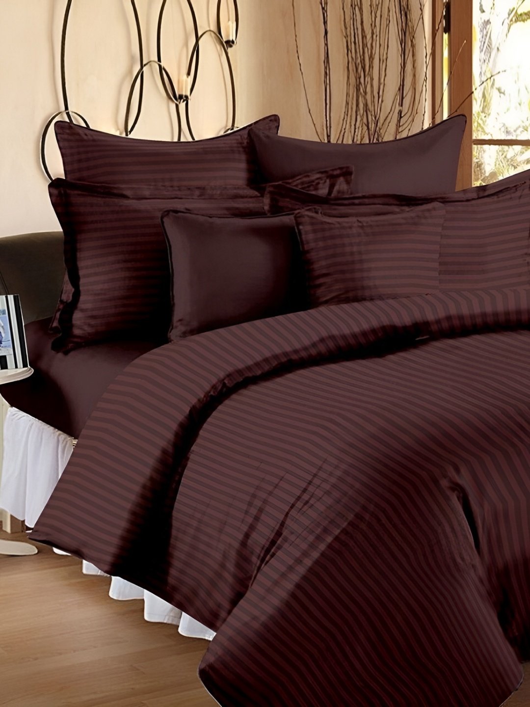 

Laying Style Brown Floral 4 Pieces Striped Printed Double King Bedding Set