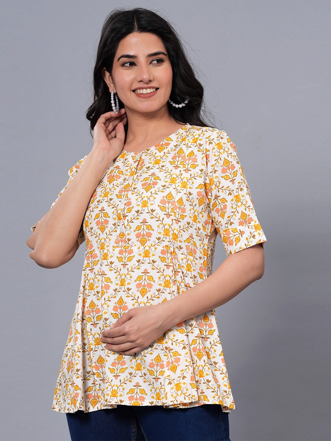 

BAESD Floral Print Round Neck Maternity A-Line Top, Off white