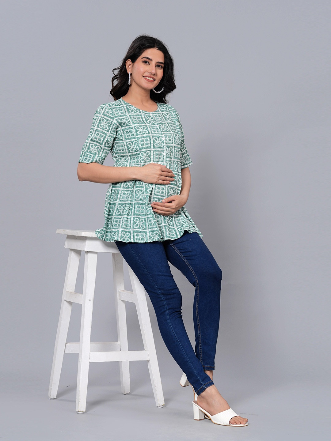 

BAESD Geometric Print Round Neck Maternity A-Line Top, Green