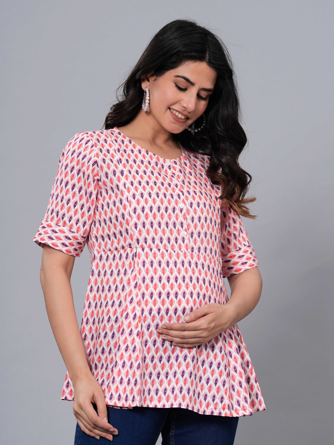 

BAESD Geometric Print Round Neck Maternity A-Line Top, Pink