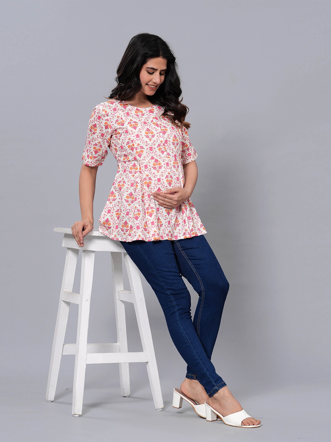 

BAESD Floral Print Round Neck Maternity A-Line Top, Off white