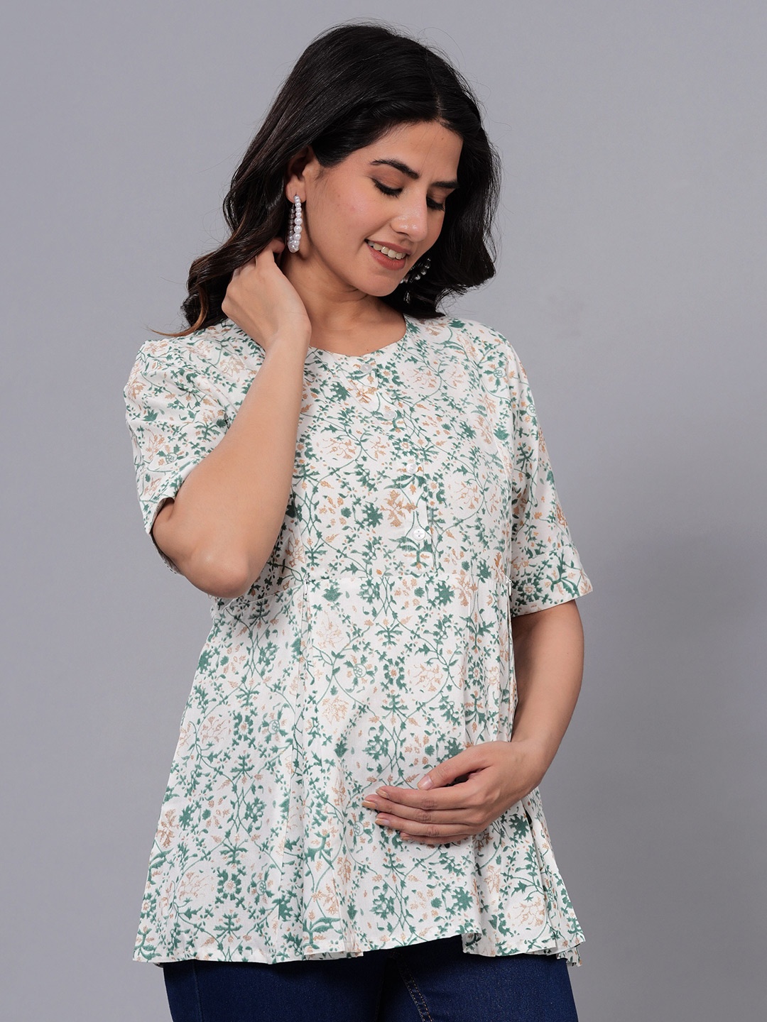 

BAESD Floral Print Round Neck Maternity A-Line Top, Off white