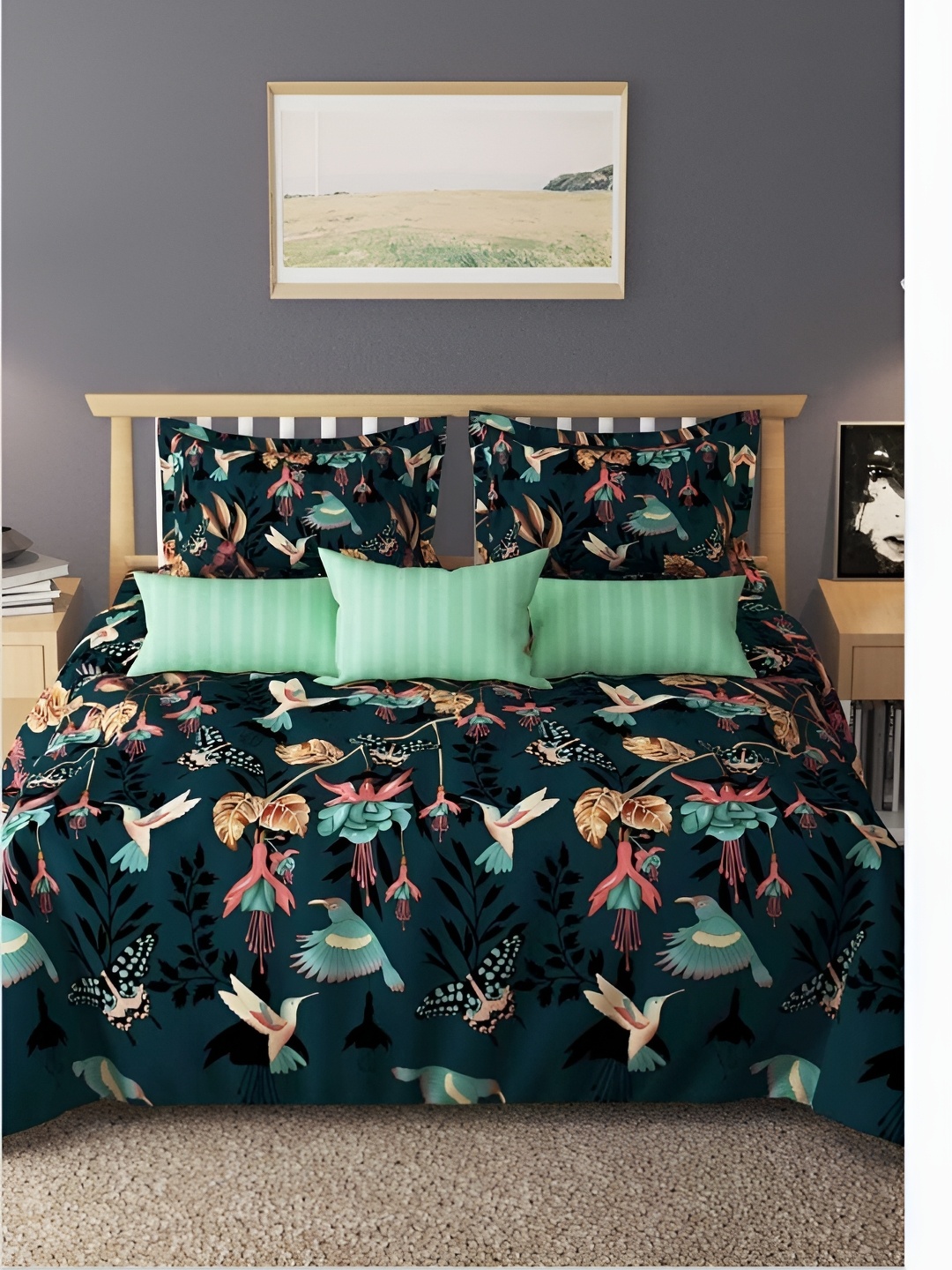 

Laying Style Green & Pink 4 Pieces Floral Double King Bedding Set