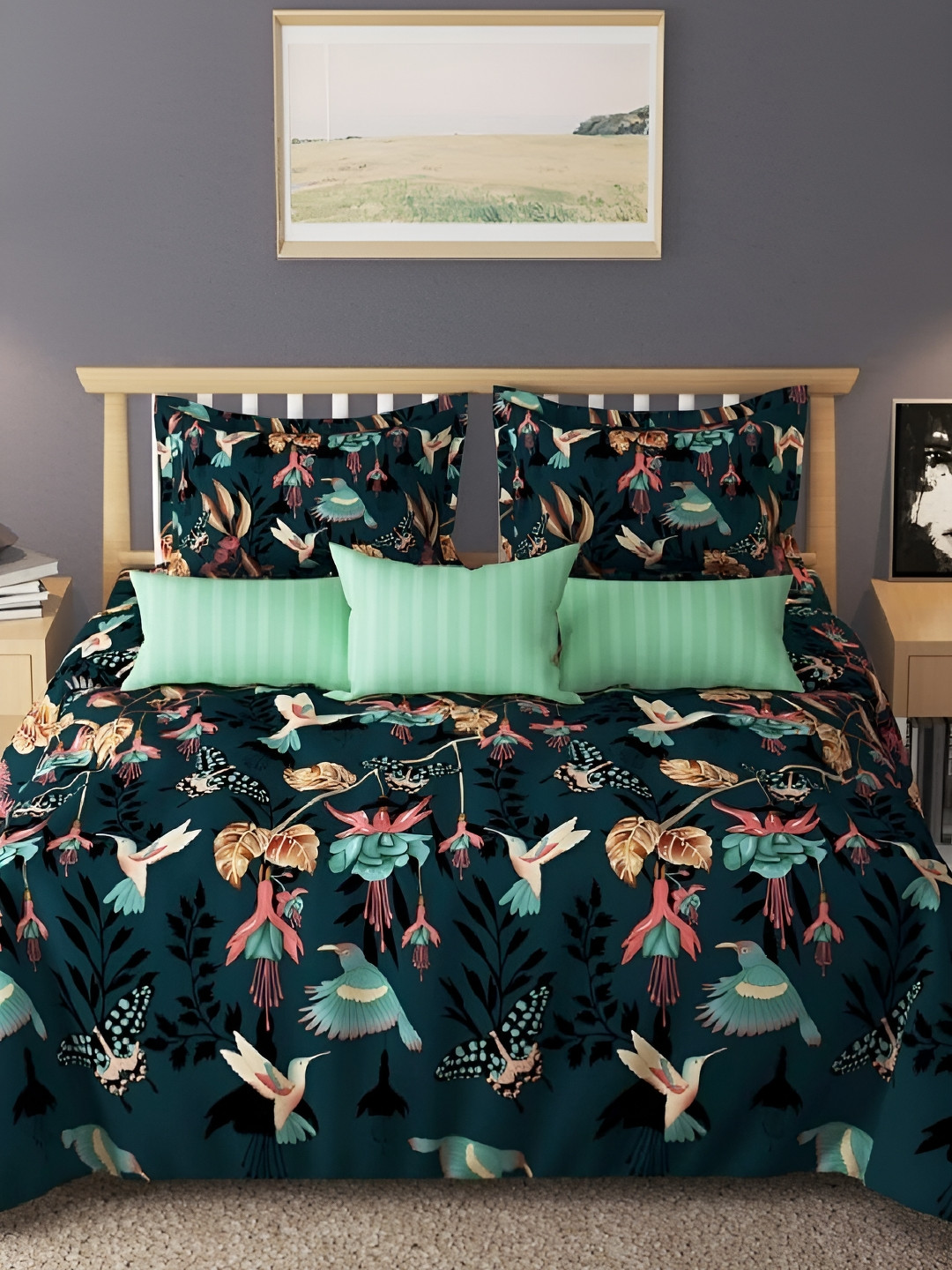 

Laying Style Green & Pink 4 Pieces Floral Printed Double King Regular Bedding Set