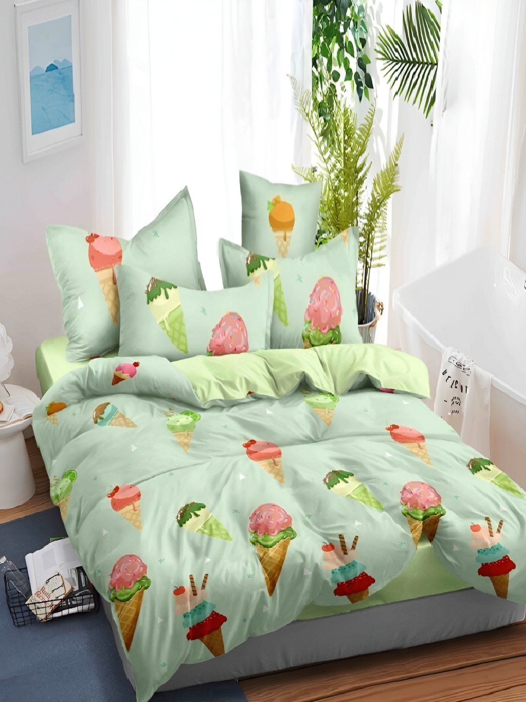 

Laying Style Green & Pink 4 Pieces Quirky Printed Double King Bedding Set