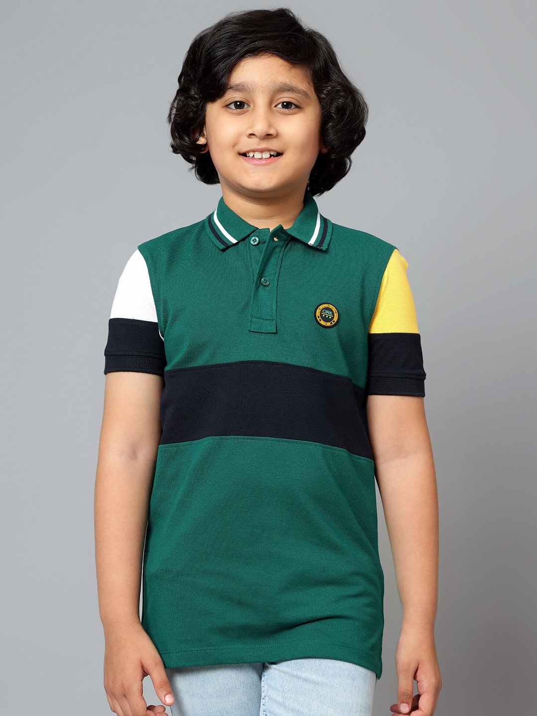 

Cantabil Boys Colourblocked Polo Collar Short Sleeves Cotton T-shirt, Green