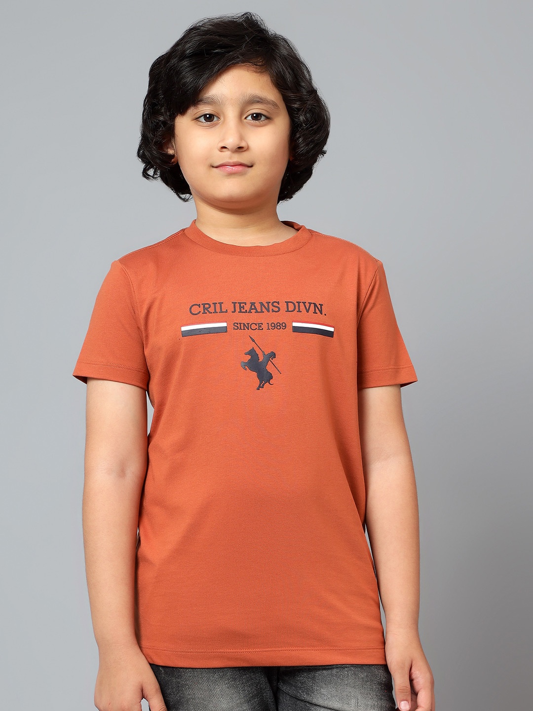 

Cantabil Boys Typography Printed Round Neck Short Sleeves Cotton T-shirt, Rust