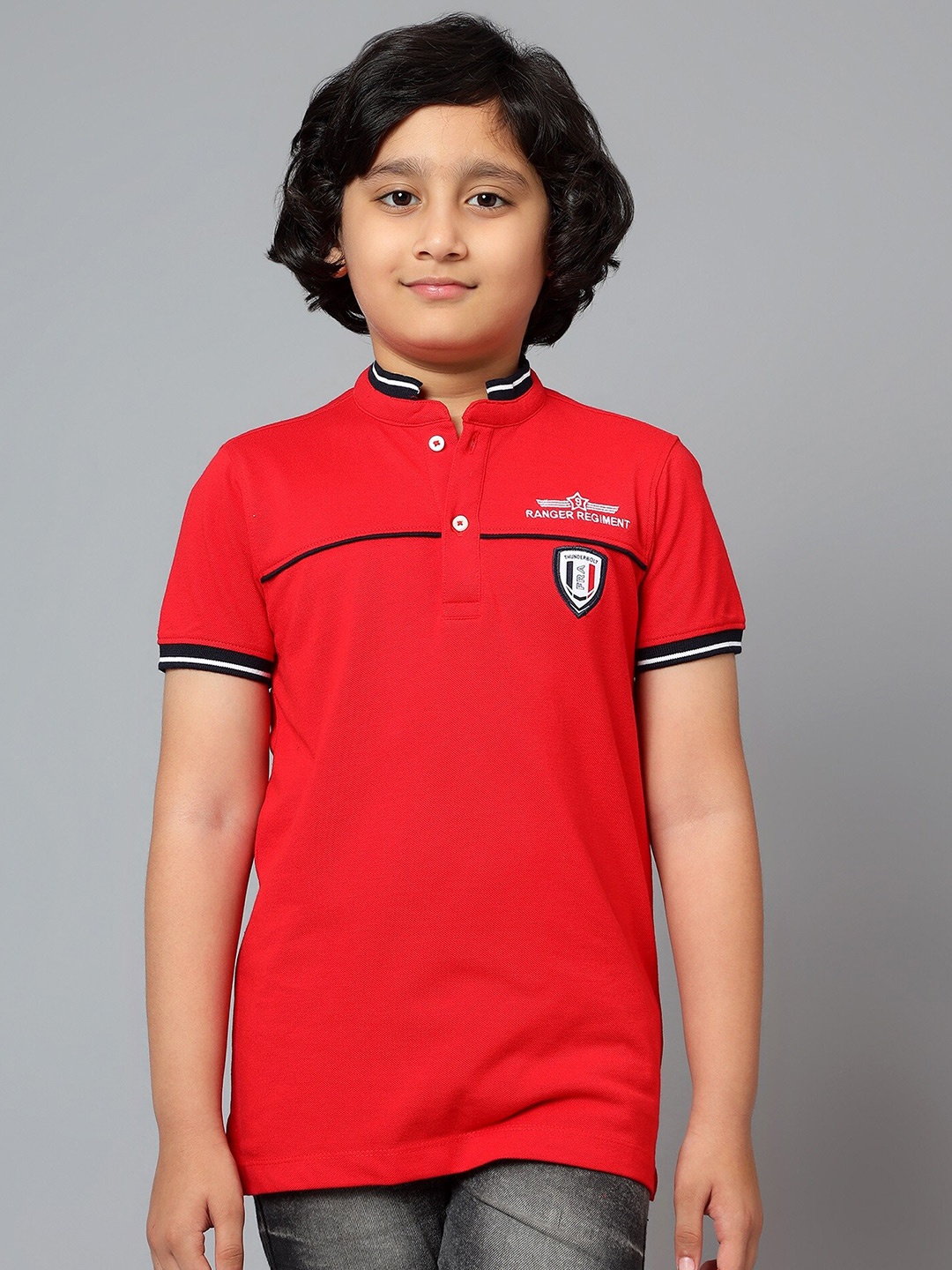 

Cantabil Boys Mandarin Collar Embroidered T-shirt, Red