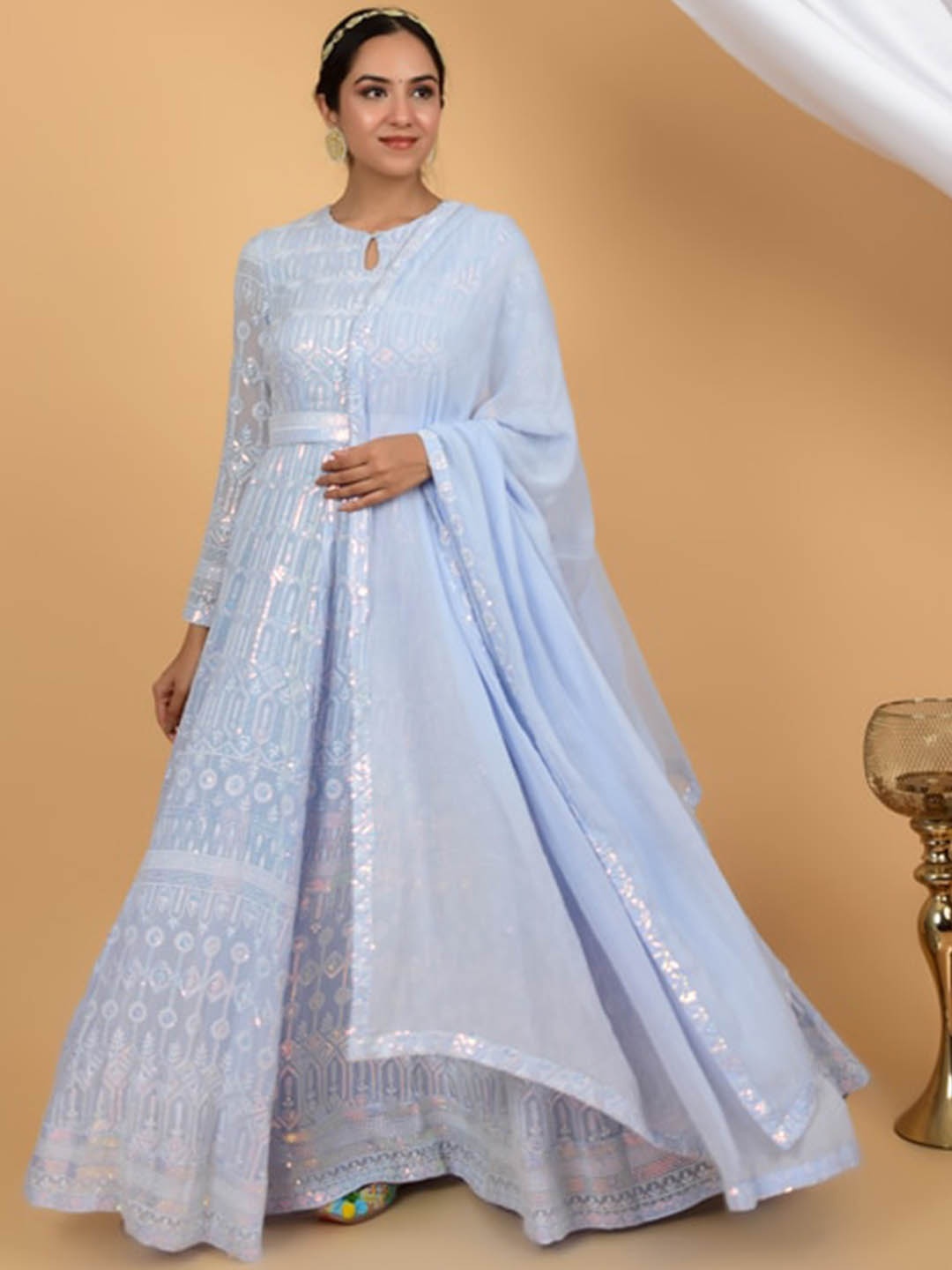 

HANDME Ethnic Motifs Embellished Anarkali Sequins Georgette Kurta With Dupatta & Belt, Blue
