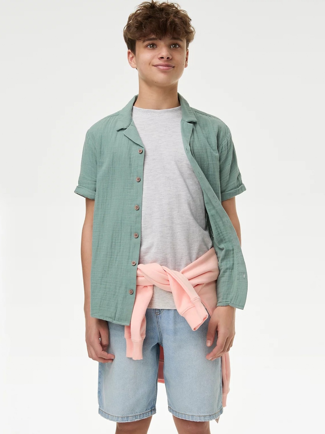 

Marks & Spencer Boys Textured Self Design Cutaway Collar Pure Cotton Shirt With T-Shirt, Green