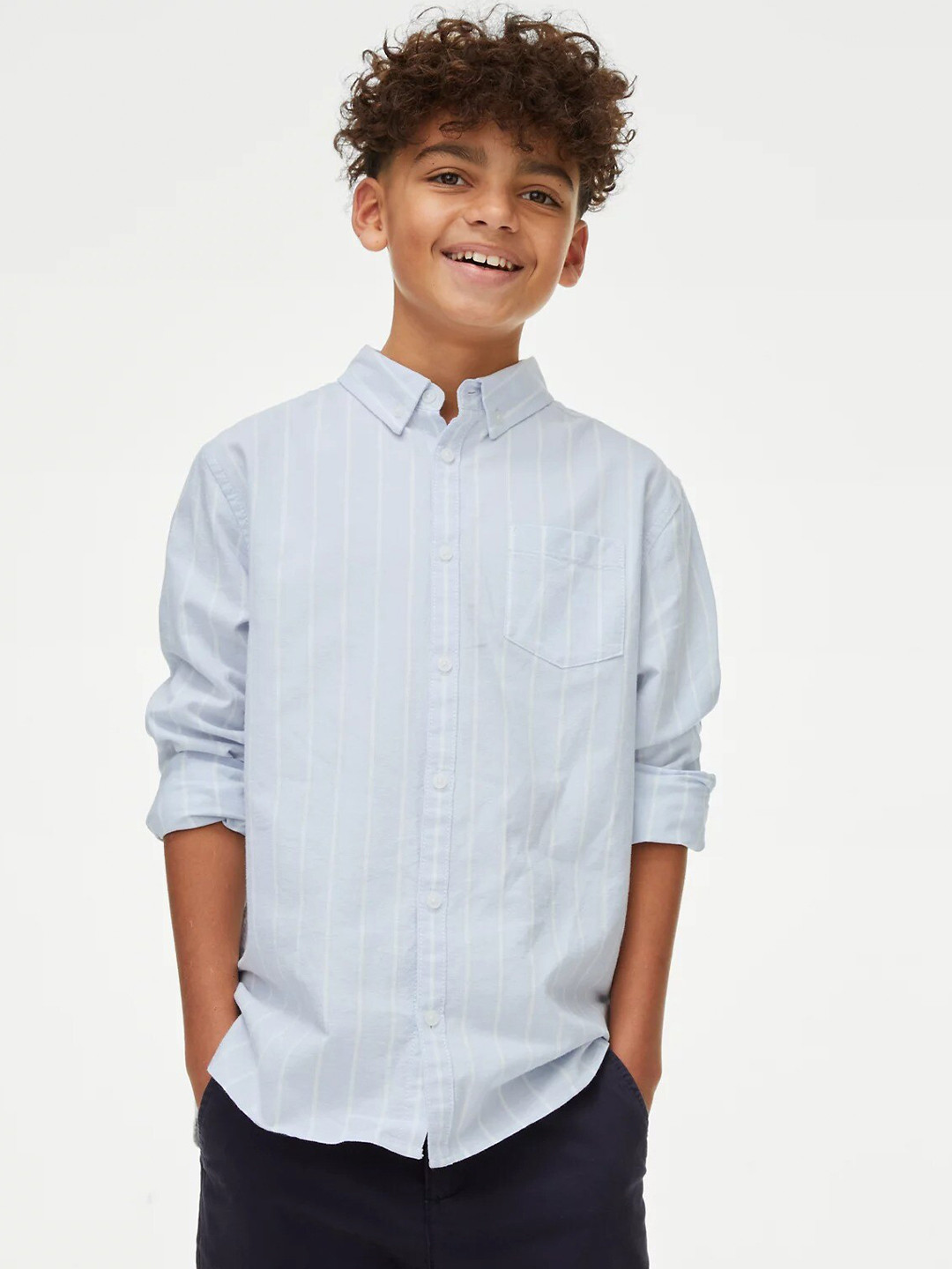 

Marks & Spencer Boys Vertical Striped Button-Down Collar Oxford Weave Pure Cotton Shirt, Blue