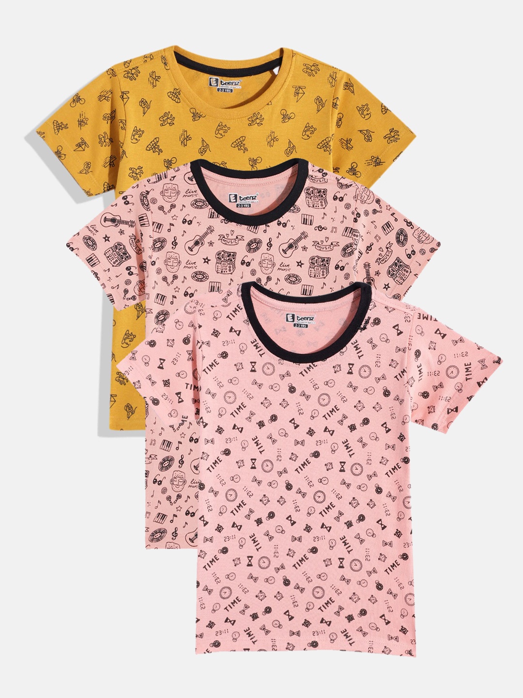

Eteenz Boys Pack Of 3 Round Neck Printed Cotton T-Shirts, Peach