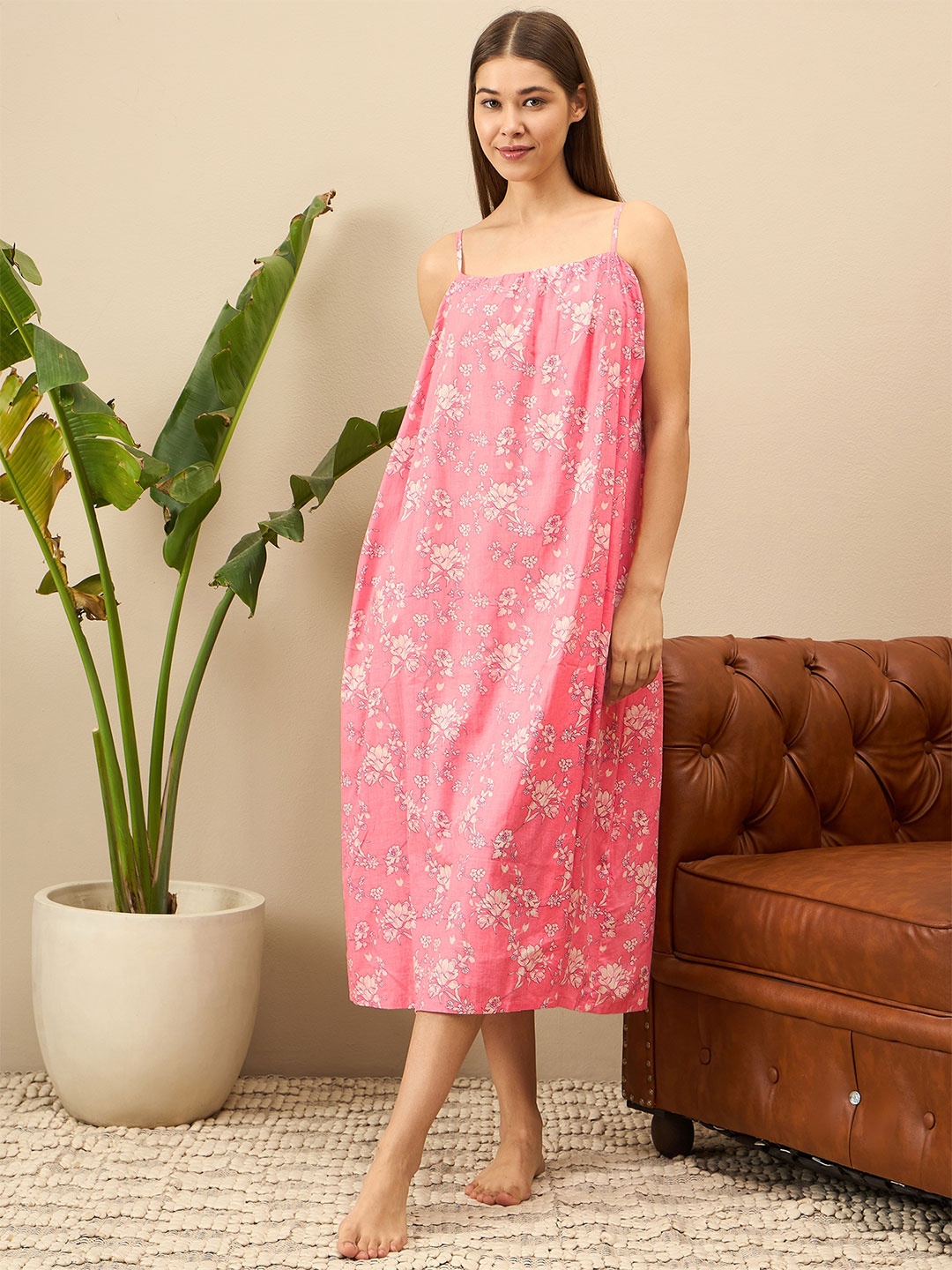 

July Floral Printed Sleeveless Midi Nightdress, Pink