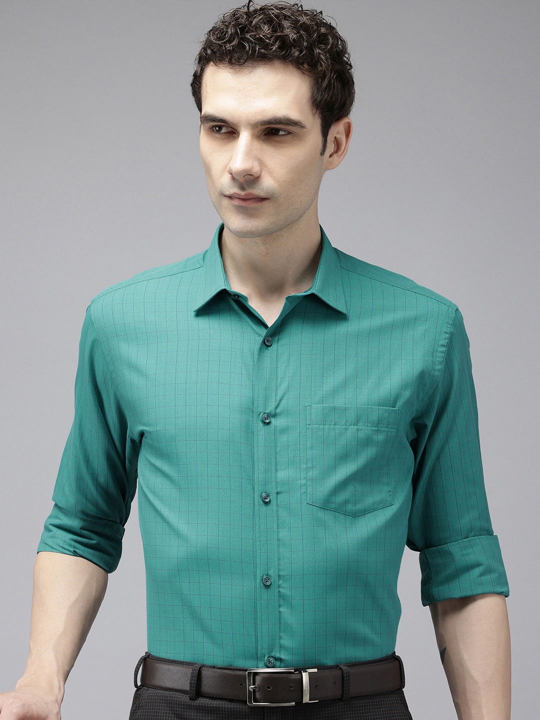 

Park Avenue Slim Fit Checked Formal Shirt, Teal