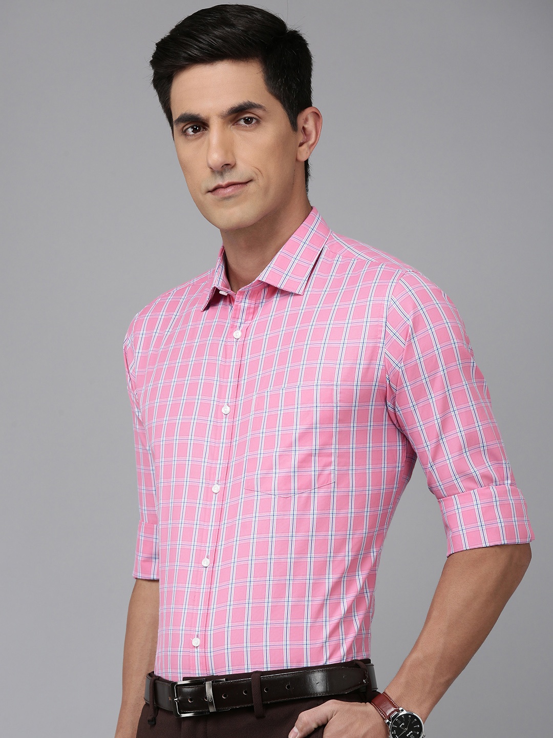 

Park Avenue Slim Fit Checked Cutaway Collar Formal Shirt, Pink