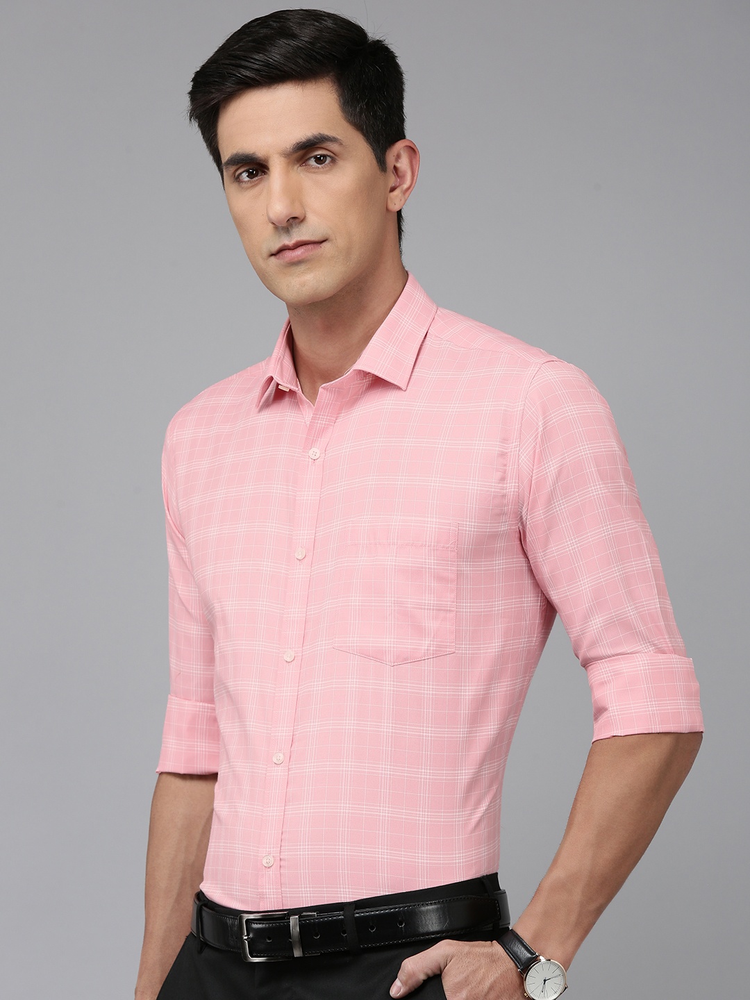 

Park Avenue Slim Fit Checked Cutaway Collar Formal Shirt, Pink