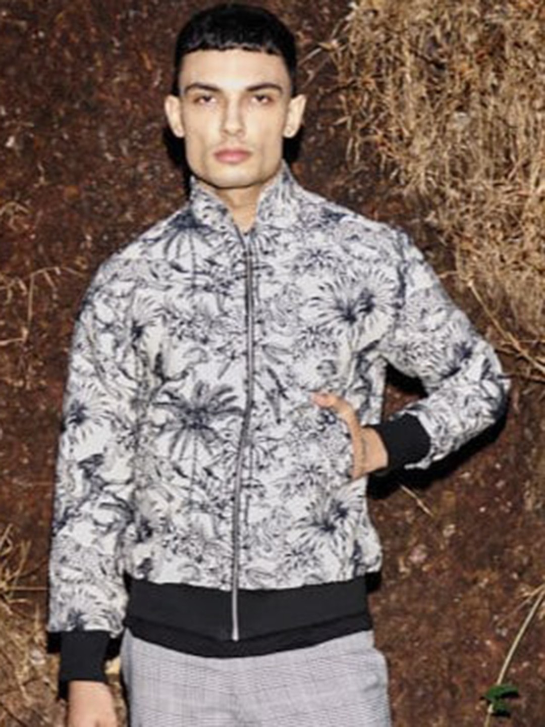 

Dash and Dot Graphic Printed Stand Collar Long Sleeves Zip Detail Cotton Bomber Jacket, Off white