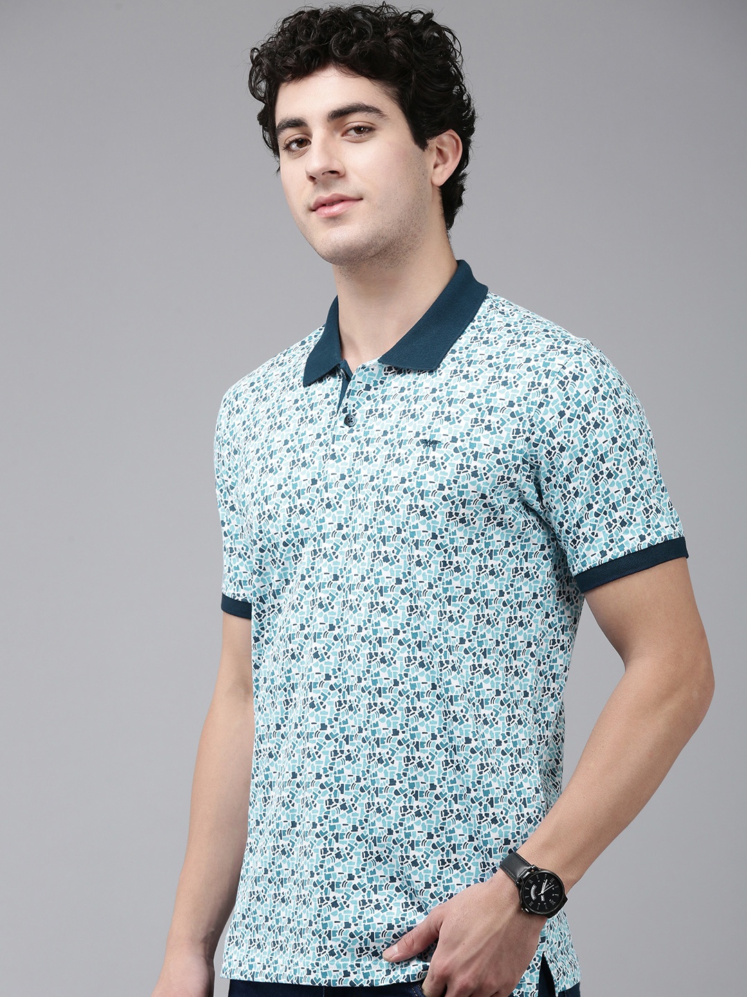 

Park Avenue Geometric Printed Polo Collar Pure Cotton Slim Fit T-shirt, Blue