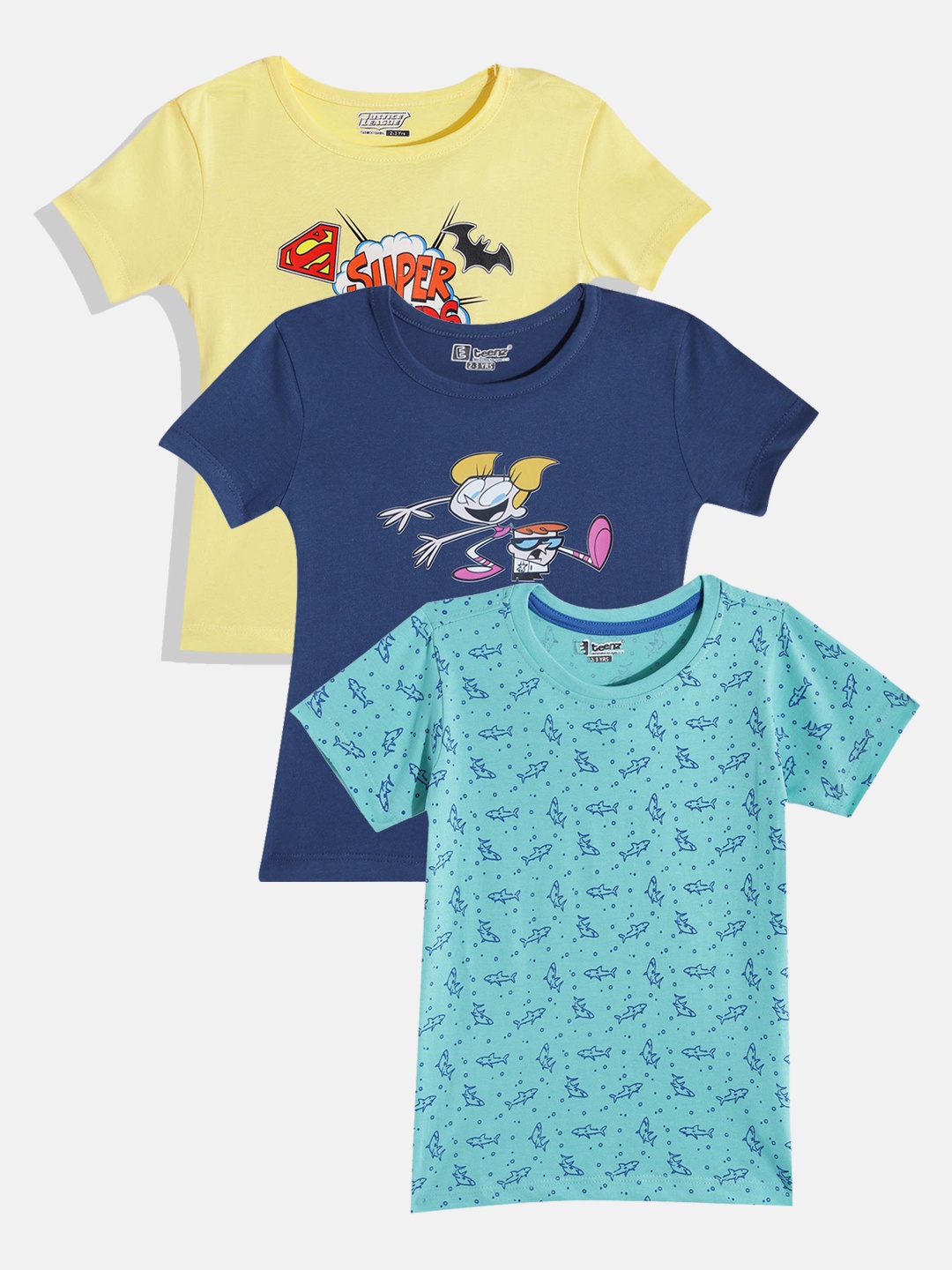 

Eteenz Boys Pack Of 3 Round Neck Printed Cotton T-Shirts, Turquoise blue