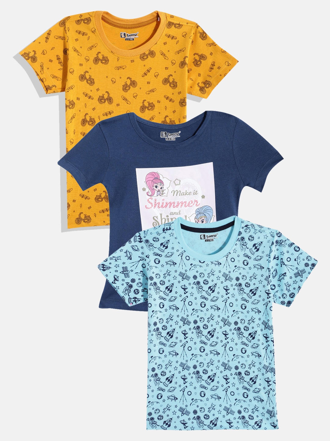 

Eteenz Boys Pack Of 3 Round Neck Printed Pure Cotton T-Shirts, Blue