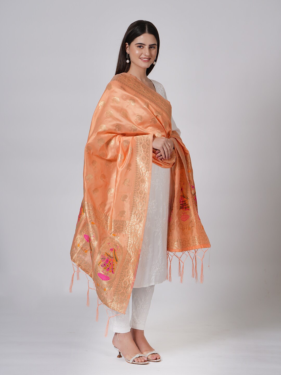 

MUFFLY Ethnic Motifs Woven Design Zari Silk Dupatta, Orange